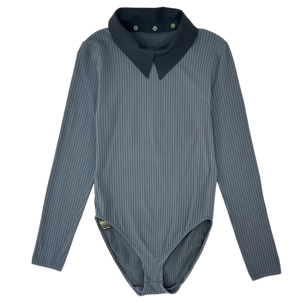 Wolford Gray Striped Bodysuit Body Suit with Removable Black Polo Collar sz M